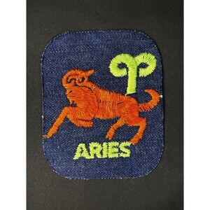Vintage 1970s Aries Zodiac Denim Patch Orange Ram Astrology Hippie Retro 70s